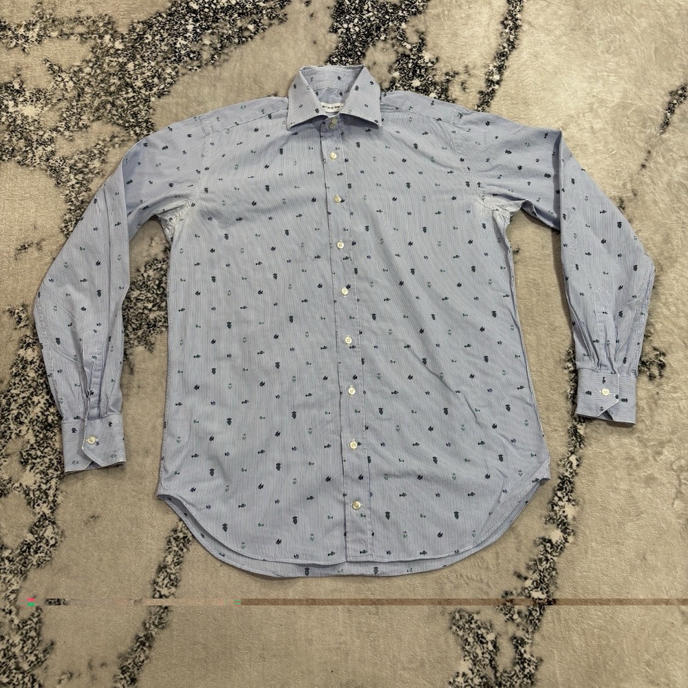 Etro Mens Medium Blue Striped Fish Print Button Down Shirt Made in Italy